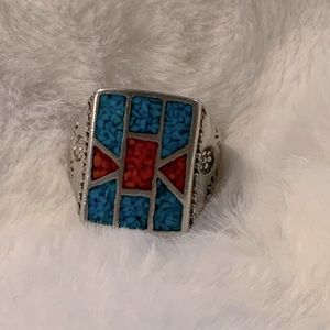 Sterling silver Turquoise and coral ring